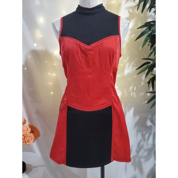 Vtg Lip Service Mesh Panel Fit & Flare Colorblock Dress Sz L Red Black Goth Rare - Picture 1 of 10